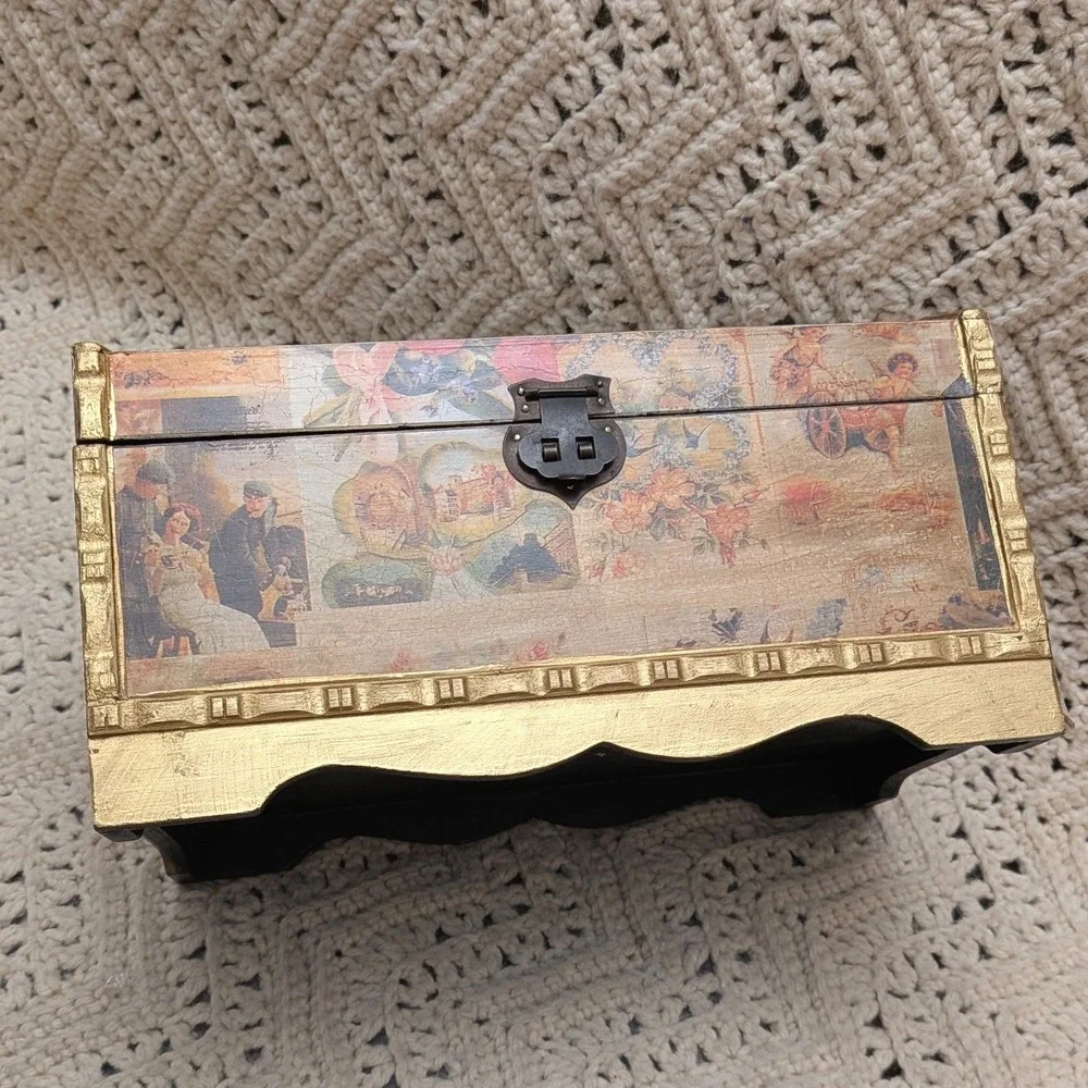 Vintage Style Decoupage Wooden Treasure Chest Jewelry Keepsake Box Gold Trim